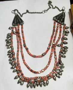 Yemenite Yemeni multi-strand silver and coral bead bridal necklace - Picture 1 of 7