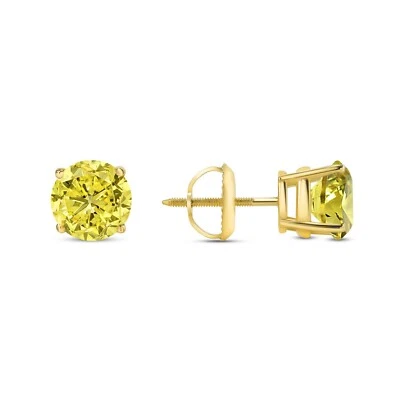 Pendientes redondos de diamantes creados en canarios de oro amarillo real de 14 quilates de 4 quilates con tachuelas atornilladas Foto 1 de 3
