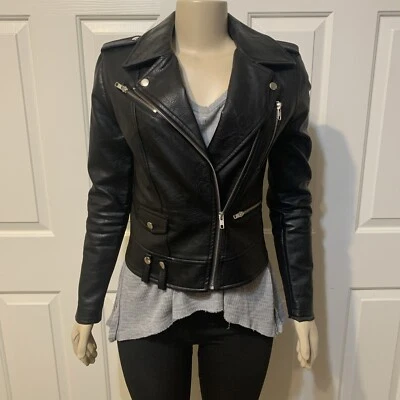 Romeo & Juliet 人造皮革摩托夹克女式中号黑色全新带标签 218 美元 (CG) — 第 1/4 张图片