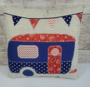 Patriotic Camper Trailer Throw Pillow Red White Blue Home Decor 18 x 18" NEW