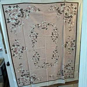 VTG 1950s White Cotton Printed Tablecloth Floral & Border Pink Brown 50”x58” - Picture 1 of 8