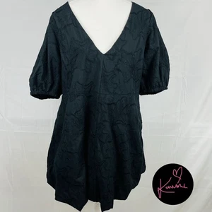 Anko Bubble Hem Mini Dress Black Size 16  V Neck Short Sleeve Embroidery Detail - Picture 1 of 7