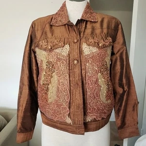 Coldwater Creek Bronze Spitze & Perlen Kragen Knopf Seide Damen Jacke Größe SP - Bild 1 von 9