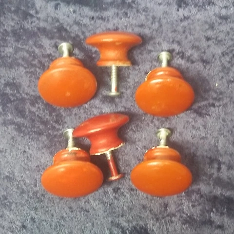 6 Wood Knobs Salvage Painted Recycled Round Red Pulls Screws Included Minor Wear Cover