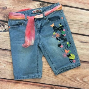 Sqeeze Girls Denim Bermuda Shorts Size 12 Flowers Hearts Butterflies - Picture 1 of 6