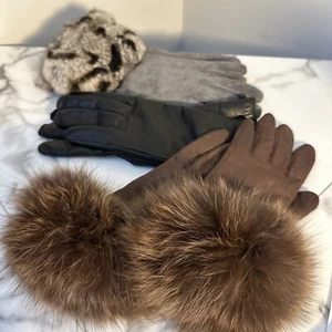 Three Pairs Of Ladies Gloves Leather And Fur Sz 6.5 And 7 - Picture 1 of 10