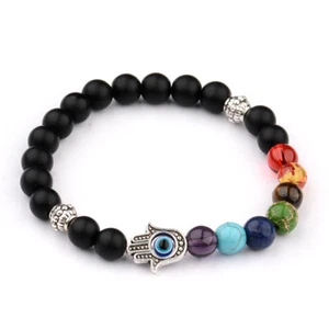 Man Fashion Hamsa Hand of Fatima Energy Yoga Reiki 7 Chakra Handmade Bracelets - Picture 1 of 4