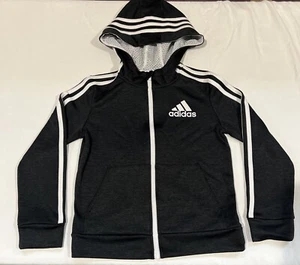 Adidas Full Zip Jacket Youth Small Black, White Stripes, Hooded 100% Polyester - Picture 1 of 5