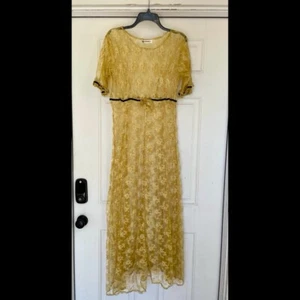 Vintage Sheer Yellow Crinkled Lacy Maxi Dress by Alexander Brown Whimsigoth 1990 - Picture 1 of 12