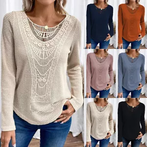 Womens Casual Pullover Colorblock Long Sleeve Round Neck T-shirts Tops Blouses - Picture 1 of 27