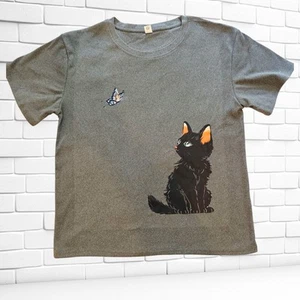 Grey & Black Cat + Butterfly Graphic Tee – Size 12/14 - Picture 1 of 7