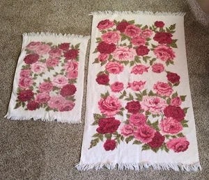 Set Vintage Kanonentuch/Handtuch mit Fransen - Rosen - rosa, rot, burgund - MCM - Bild 1 von 9
