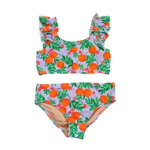 NWT J.Crew Crewcuts Girls Ruffle Bikini Set Sz 10 Orange Print UPF 50+ - Picture 1 of 8