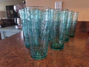 Set 10 mundgeblasene große Tumbler Bubble Gläser; Anchor Hocking; blau grün - Bild 1 von 5