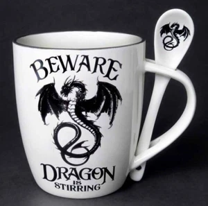 Beware Dragon is Stirring Mug and Spoon Set, Fantasy, Gothic, Alchemy England - Picture 1 of 5