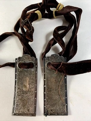 Antiguo Bolso de Mano Piezas Plata Rectángulos Terciopelo Cordón Baquelita Anillos Pat.Jul.30.17 Foto 1 de 4