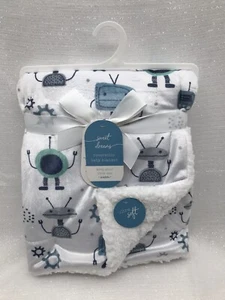 Boys Plush Robots Aliens Blue Green Gray White Sherpa Baby Blanket Lovey NEW - Picture 1 of 8