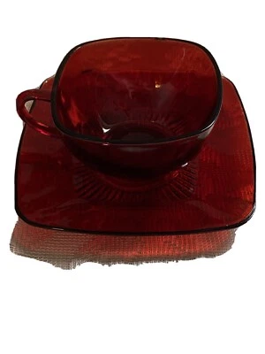 Vintage Ruby Red Depression Glass Square Cup And Saucer. EUC. Free Shipping - Image 1 of 4