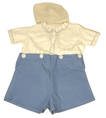 De Colección Bebé Infante Camisa Pantalones Cortos Tejido Sombrero Conjunto Azul Blanco Botón Bordado Foto 1 de 4