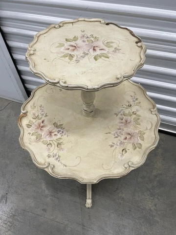 Vintage Off-White 2-Tier Pie Crust Table Brass Clawfoot W/ Floral Design Cover