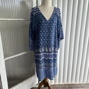Ruby Yaya Kaftan Dress Womens L Blue White Embellished Viscose Shift Midi - Picture 1 of 17