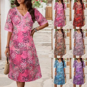 Womens Boho Floral Mini Dress Ladies Summer Beach Holiday Short Sleeve Sundress - Picture 1 of 18