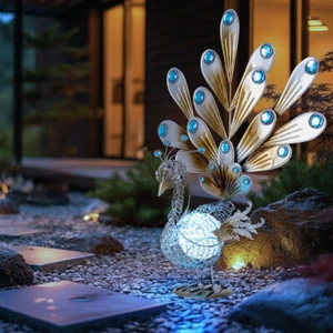 Solarleuchte Gartendeko Außenlampe LED Pfau Vogel Tierfigur Metall Dekosteine - Bild 1 von 12