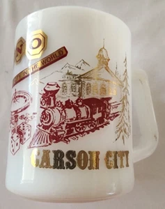 Vintage Federal Milk Glass Mug Reno Nevada Carson City NV Virginia City NV Ads - Picture 1 of 6