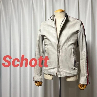 Schott Classic Racer Jacket White, S Leather, Blue & Red Sleeve Lines, Vintage - Image 1 of 4