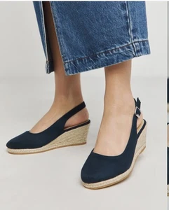 Navy Wedge Espandrille Sling back Shoes - Unworn - Size 7 wide EEE - Picture 1 of 8