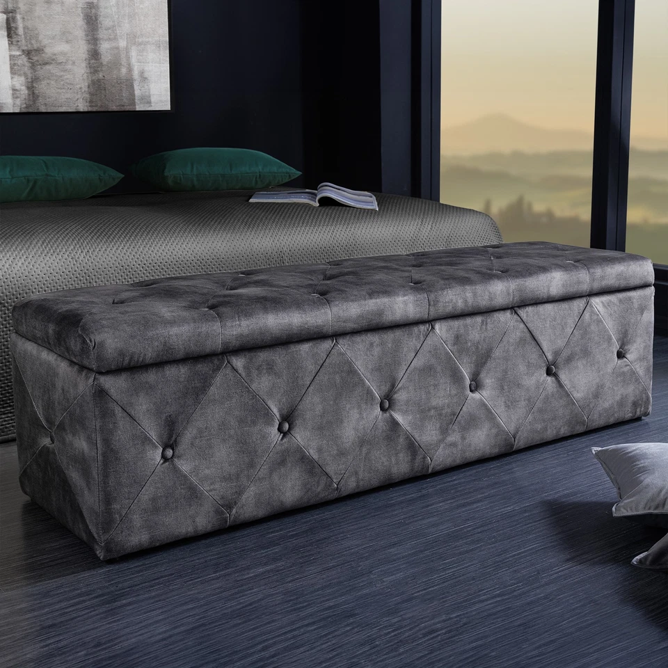 Bettbank EXTRAVAGANCIA - 140cm - grau - Samt - Chesterfield - Stauraum - Truhe - Bild 1 von 4