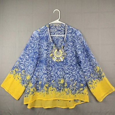 Blusa túnica deslumbrada con cuentas transparentes Soft Surroundings M azul amarillo boho Foto 1 de 4