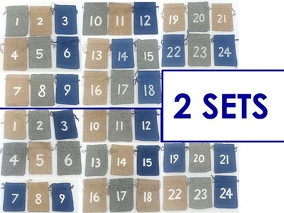 2 reusable hanging advent calendar pouches bag blue grey DIY kit pouch fillable - Image 1 of 4