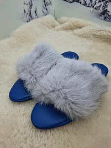 Blue Rabbit Fur Slippers for Women, EU39 Genuine Fur Home Shoes, Gift for women - Picture 1 of 9