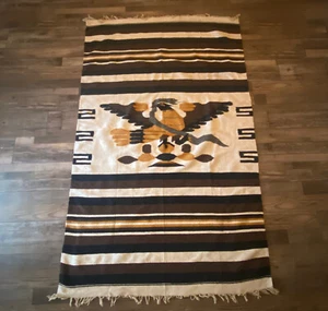 Vintage Wool Rug Mexican Coat of Arms Fringe Aztec Stripe 46 x 81 Brown Stripes - Picture 1 of 4