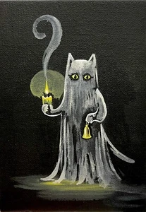 5x7 PRINT OF PAINTING HALLOWEEN RYTA BLACK CAT WITCH Owl Folk Art Vintage Style - Picture 1 of 1