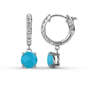 Round Turquoise and Diamond Dangle Hoop Earrings 1 1/2 ctw 14K Gold JP:237701 - Picture 1 of 13