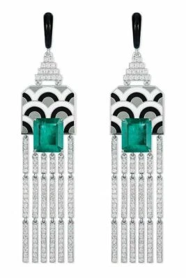 Very Classic Art Deco Style Green Emerald With Sparkling CZ Drop-Dangle Earrings - Image 1 of 3