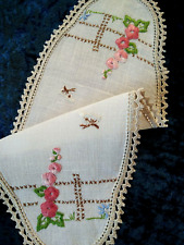 Charming Pink Hollyhocks & Butterfly Vintage Hand Embroidered Sandwich Doily