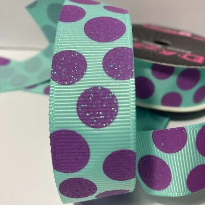 Light Blue Purple Glitter Polka Dot Ribbed Ribbon Morex Dazzle 1 Roll 7/8" 4yd - Image 1 of 4