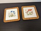 (2) Vintage Ceramic and Wood Tile Trivet with Butterflies and Flowers JAPAN