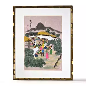 VTG 1980's Framed Hand Tinted Woodblock Print on Rice Paper Rural Korean Market - Picture 1 of 10