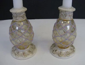 Pair of Amber Glitter Crackle Glass Candle Holder White Beautiful - Picture 1 of 3