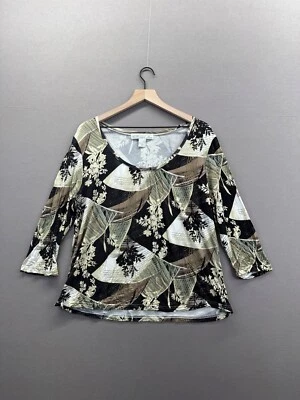 Pineapple Moon Womens Black T-Shirt Floral Long Sleeve Scoop Size XL - Image 1 of 4