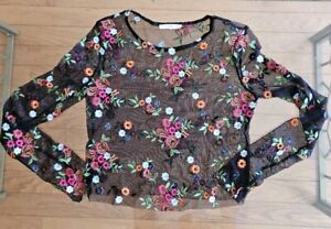Urban Outfitters Crop Top Small Sheer Black Mesh Long Sleeves Floral Embroidered