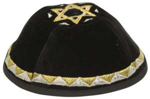 Black Velvet Kippah with Silver & Gold Star of David - Jewish Yamaka Yarmulka - Picture 1 of 1
