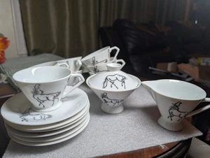 ANTIQUE Set 6 Cup Saucer Jingderzhen Porcelain Xie Ji Handpainted Horse Signed - Picture 1 of 24