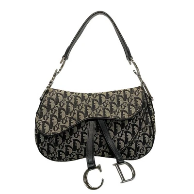Auténtico Bolso de Mano DIOR/ChristianDior Doble Sillín Cuero Jacquard Negro Crema Foto 1 de 4