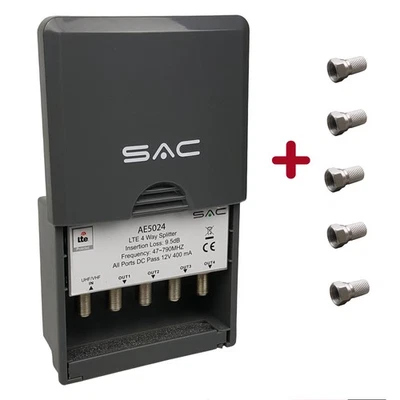 4 Way Masthead Outdoor TV Aerial Splitter with DC Pass LTE Filter + 5 F Plugs - Image 1 of 4