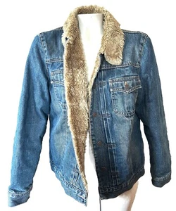J GAP Vintage Faux Fur Sherpa Lined Denim Jacket Sz L Boho Rockabilly Hippie - Foto 1 di 4